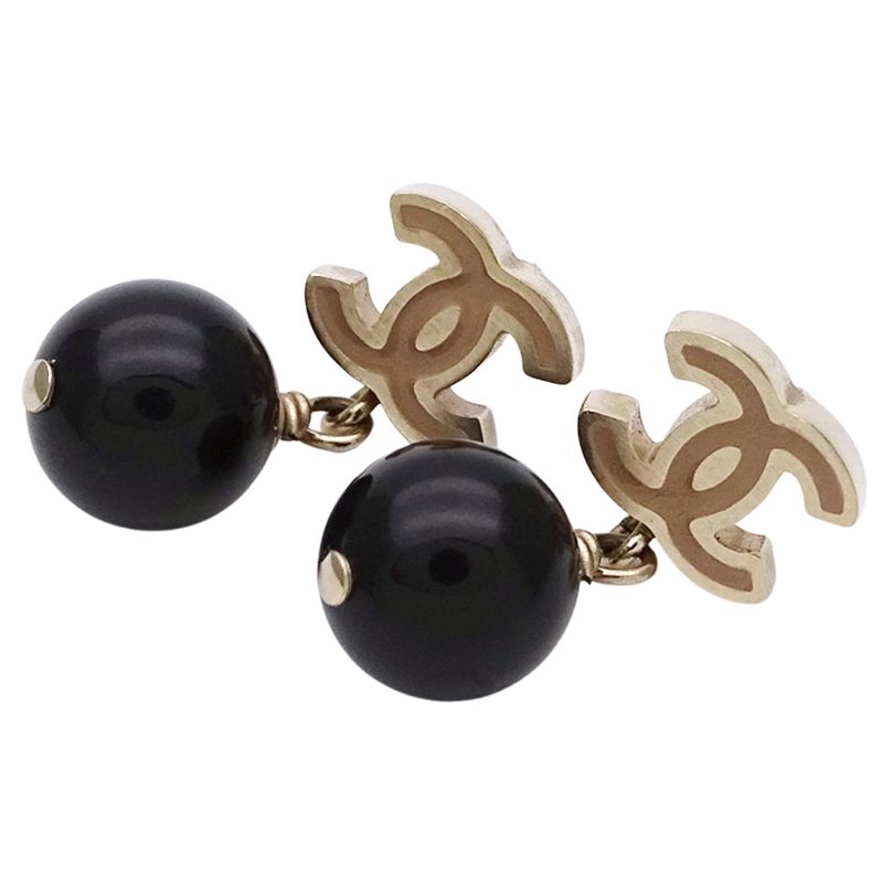 Chanel Earrings Women's Brand Coco Mark Metal Gold Black Beige Swing Ball Cute