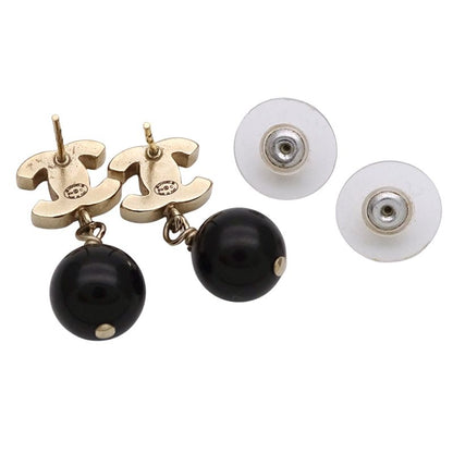 Chanel Earrings Women's Brand Coco Mark Metal Gold Black Beige Swing Ball Cute