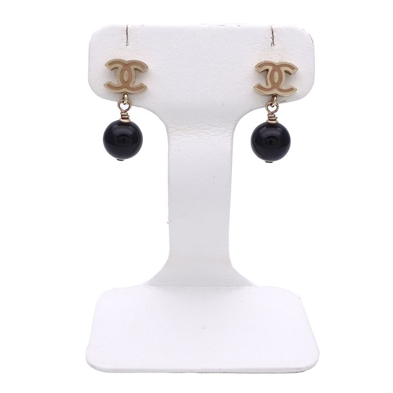 Chanel Earrings Women's Brand Coco Mark Metal Gold Black Beige Swing Ball Cute