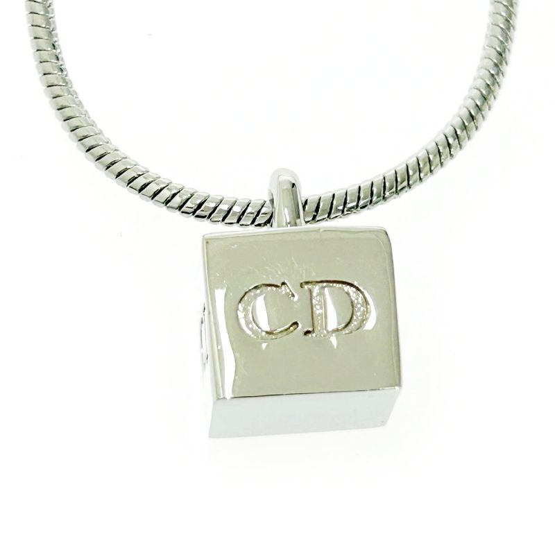 Christian Dior Metal CD Logo Cube Necklace Silver 494047 Necklace