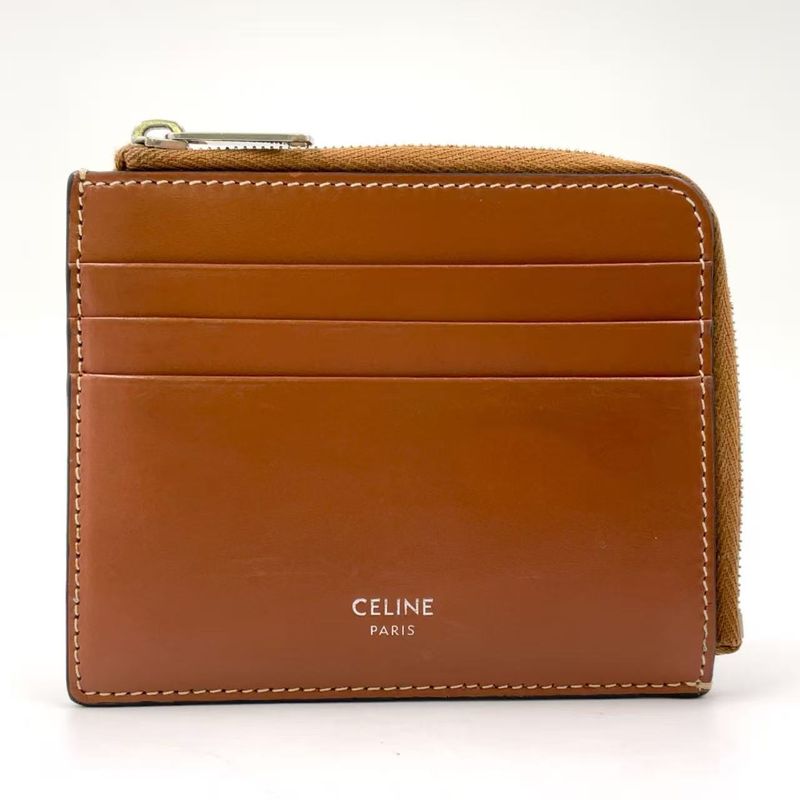 Celine Zipped Leather With Purse Brown Card Case Silver