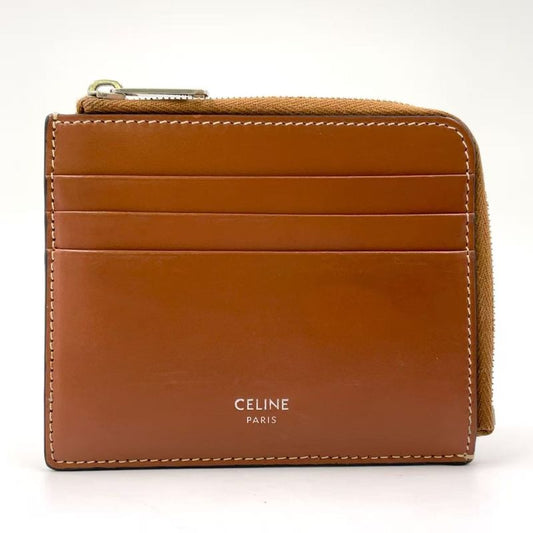 Celine Zipped Leather With Purse Brown Card Case Silver