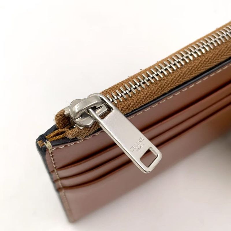 Celine Zipped Leather With Purse Brown Card Case Silver