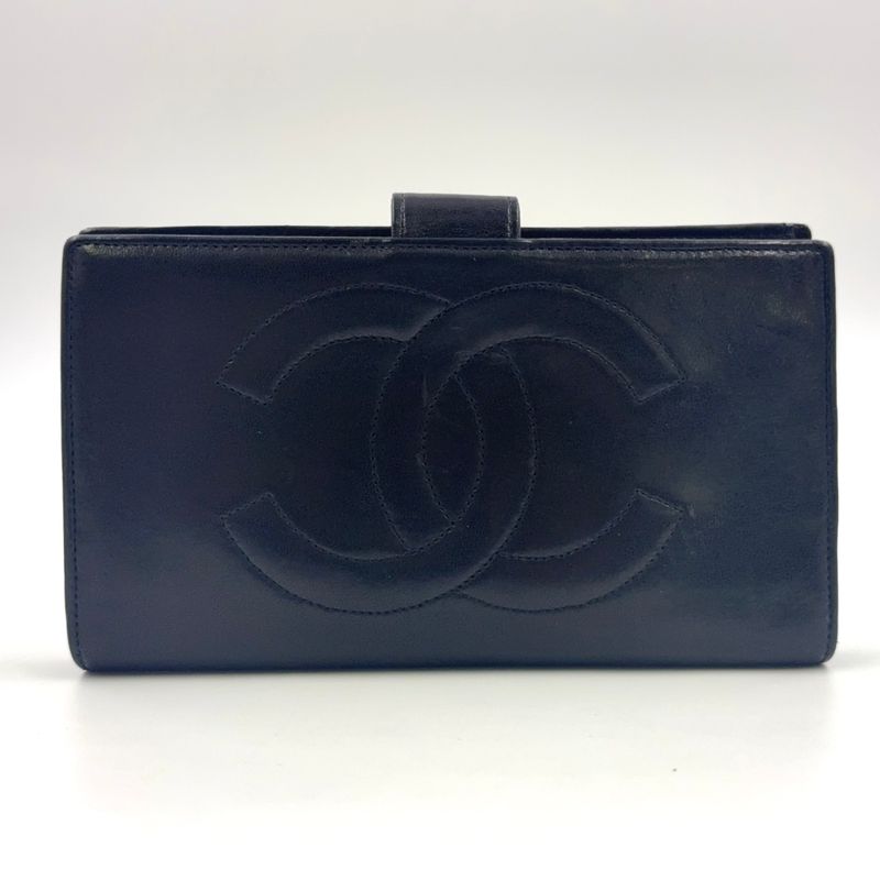 Chanel Coco-mark 2 Fold 3 Lambskin Black Wallet Gold