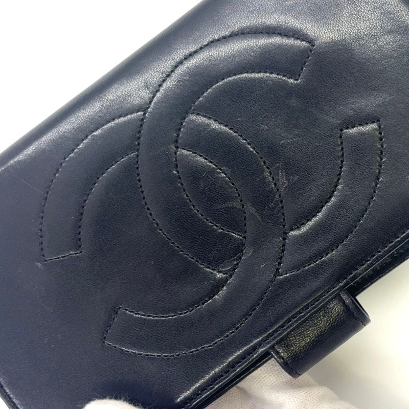 Chanel Coco-mark 2 Fold 3 Lambskin Black Wallet Gold