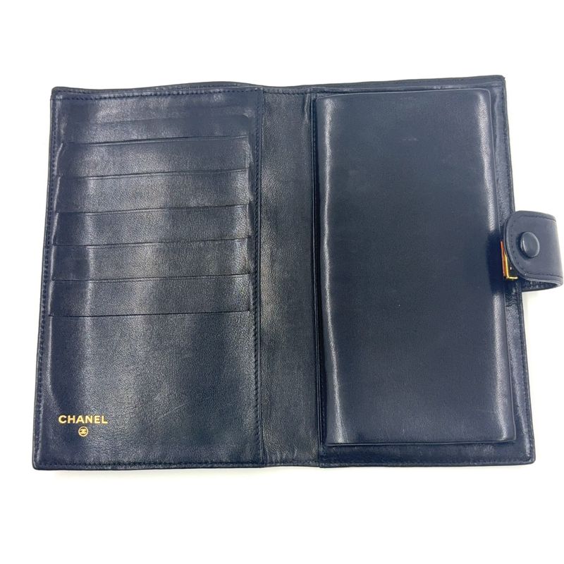 Chanel Coco-mark 2 Fold 3 Lambskin Black Wallet Gold