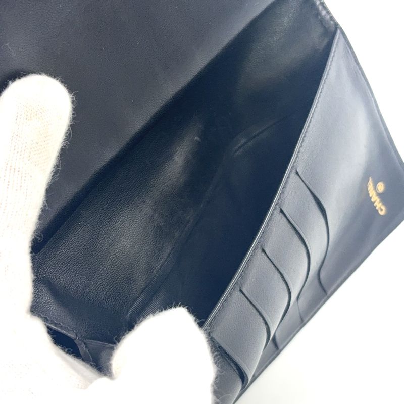 Chanel Coco-mark 2 Fold 3 Lambskin Black Wallet Gold