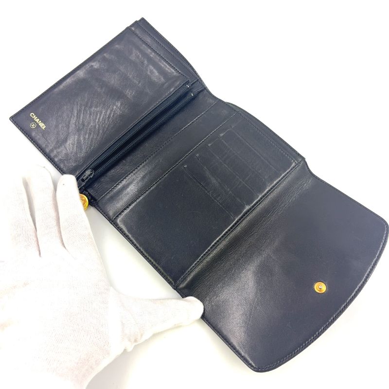 Chanel Coco Mark 3 Fold 4 Leather Black Wallet Gold