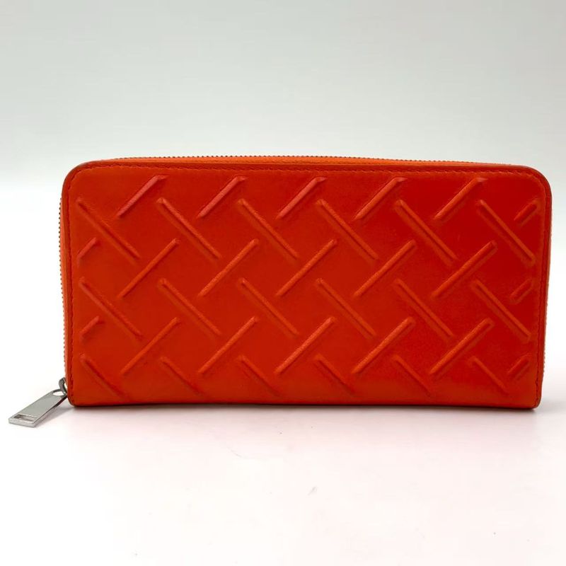 Bottega Veneta Embossed Leather Orange Long Wallet Silver