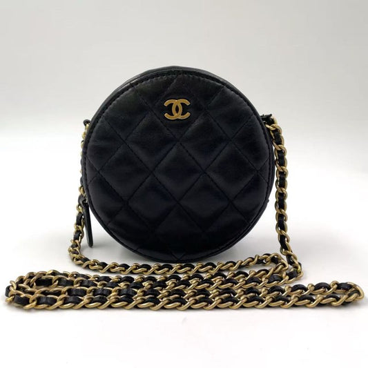 Chanel Matelasse Coco Mark Round Mini Chain Serial #23 Lambskin Black Shoulder