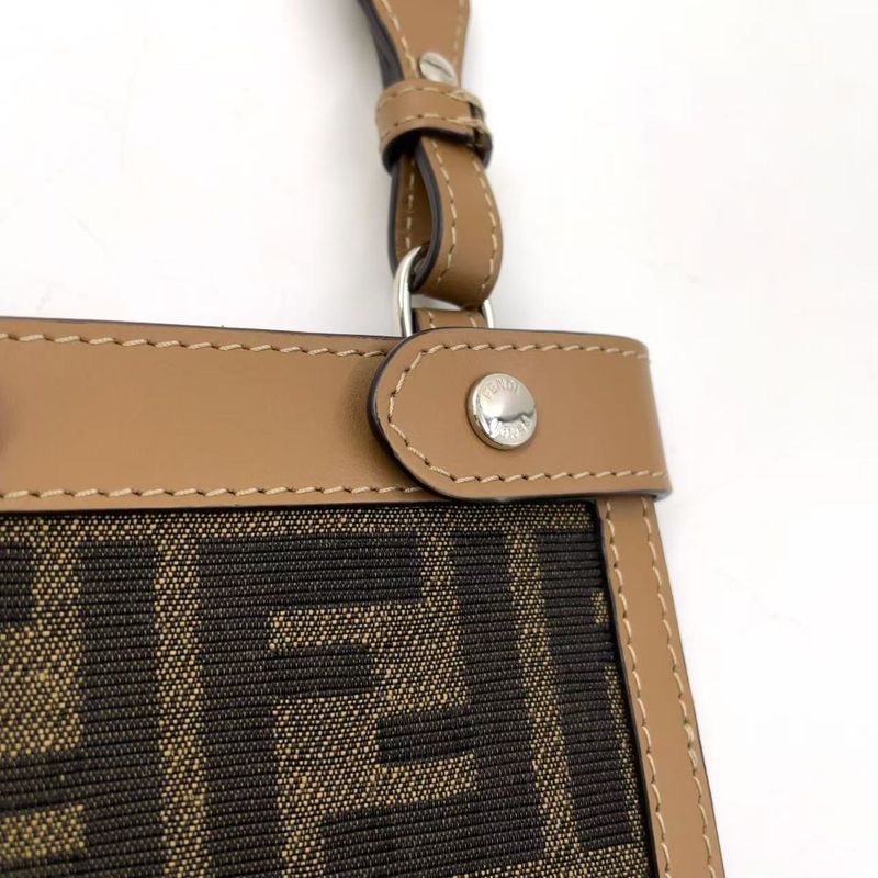 Fendi Zucca Pattern Phone Case Canvas Brown And Beige Shoulder Bag Silver