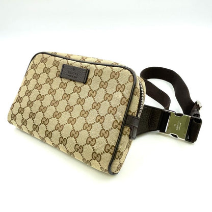 Gucci GG Canvas Leather X Canvas X Calf Brown X Beige Body Bag Silver 449174
