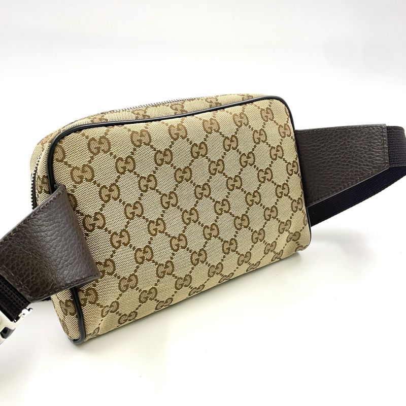 Gucci GG Canvas Leather X Canvas X Calf Brown X Beige Body Bag Silver 449174