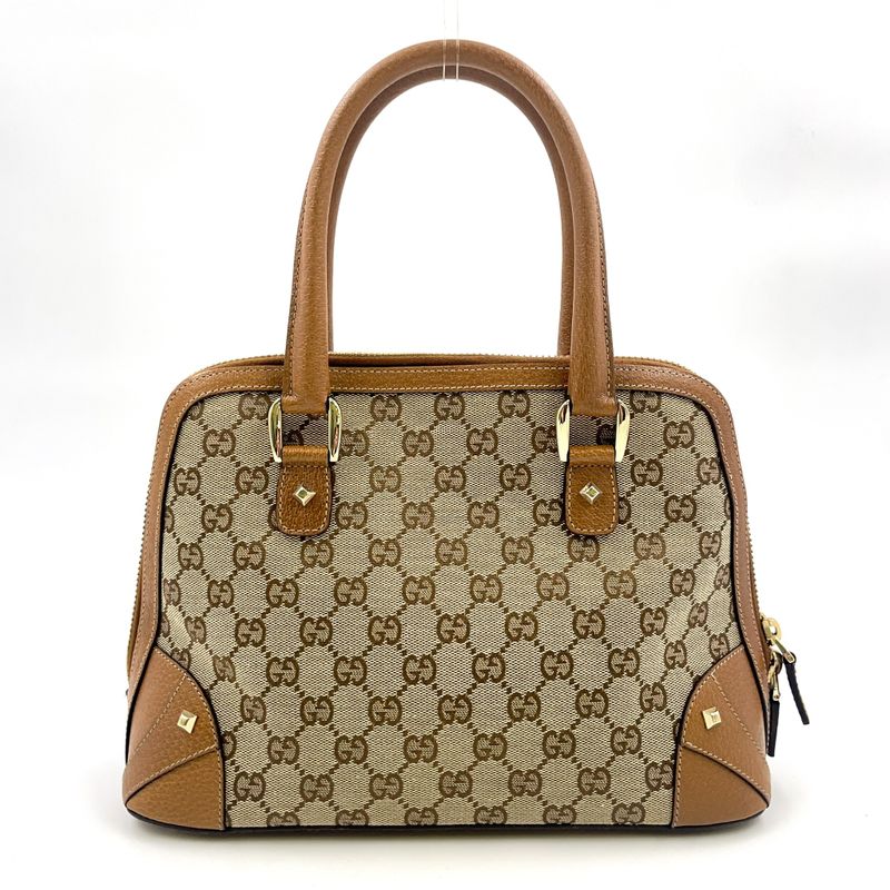 Gucci GG Canvas Studded Leather X Canvas Brown Handbag Gold 131023