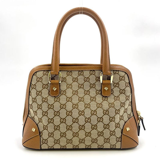 Gucci GG Canvas Studded Leather X Canvas Brown Handbag Gold 131023