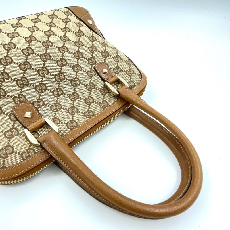 Gucci GG Canvas Studded Leather X Canvas Brown Handbag Gold 131023