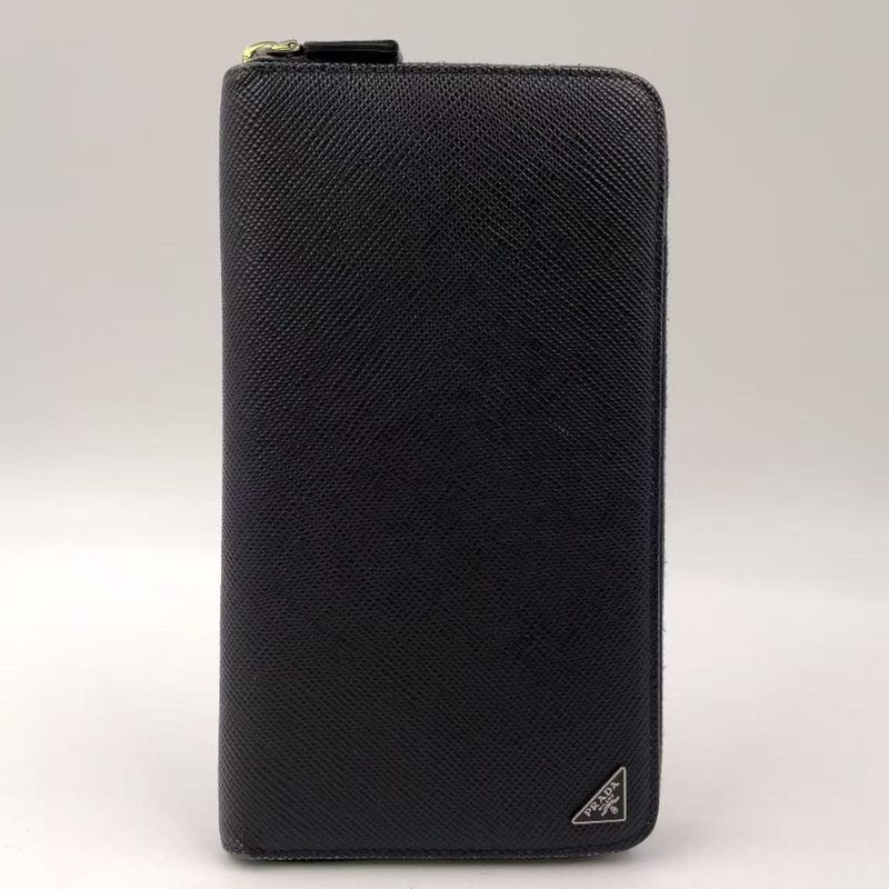 Prada Round Zipper Leather Black And Blue Wallet Silver