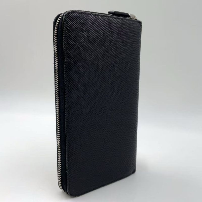 Prada Round Zipper Leather Black And Blue Wallet Silver