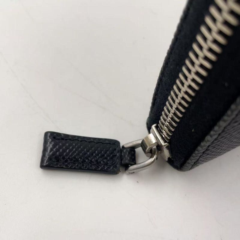 Prada Round Zipper Leather Black And Blue Wallet Silver