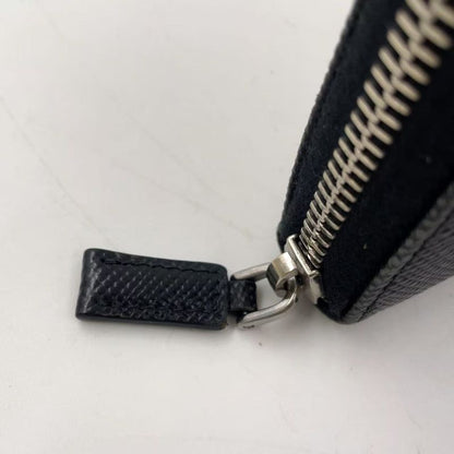 Prada Round Zipper Leather Black And Blue Wallet Silver