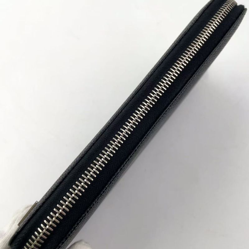 Prada Round Zipper Leather Black And Blue Wallet Silver