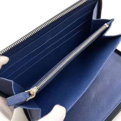 Prada Round Zipper Leather Black And Blue Wallet Silver