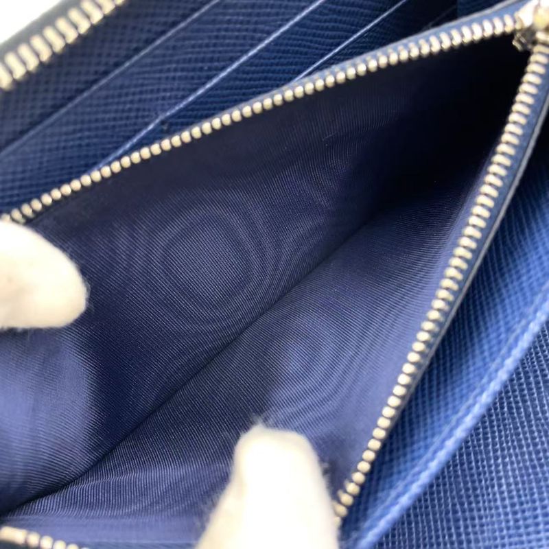 Prada Round Zipper Leather Black And Blue Wallet Silver