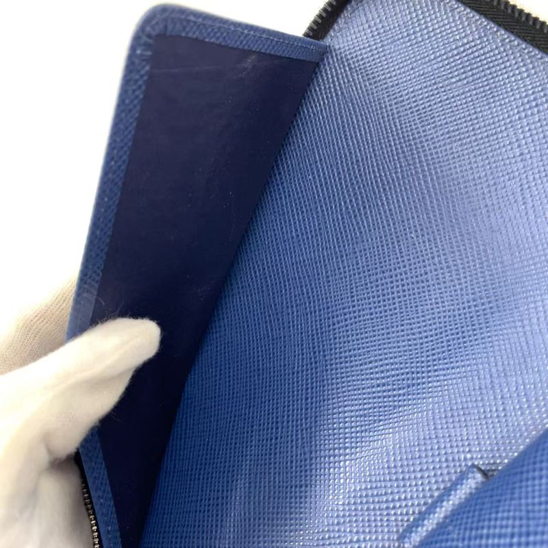 Prada Round Zipper Leather Black And Blue Wallet Silver