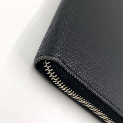 Prada Round Zipper Leather Black And Blue Wallet Silver