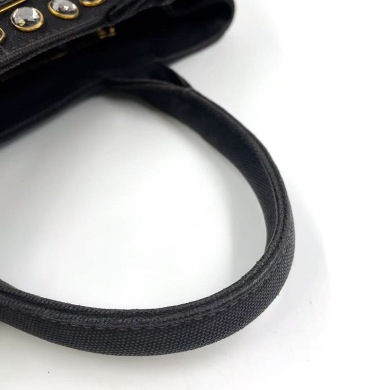 Prada Canapa Studded Triangle Plate Tote Canvas Black Handbag Gold