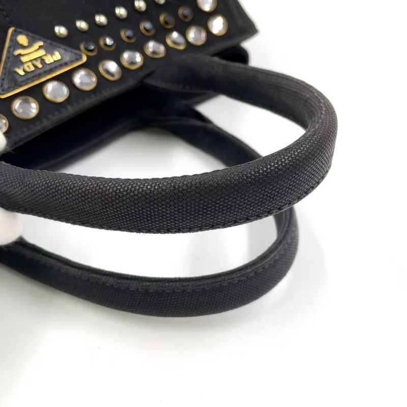 Prada Canapa Studded Triangle Plate Tote Canvas Black Handbag Gold