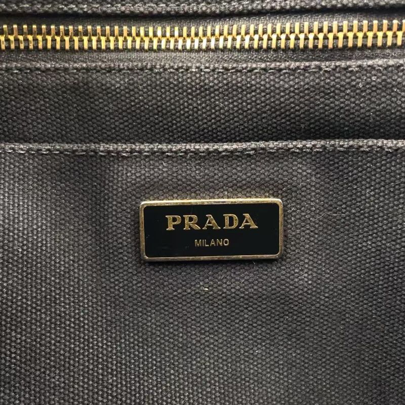 Prada Canapa Studded Triangle Plate Tote Canvas Black Handbag Gold