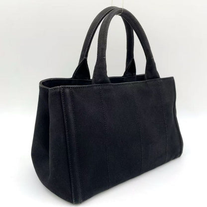 Prada Canapa Studded Triangle Plate Tote Canvas Black Handbag Gold