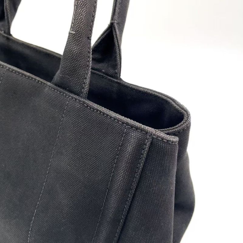 Prada Canapa Studded Triangle Plate Tote Canvas Black Handbag Gold