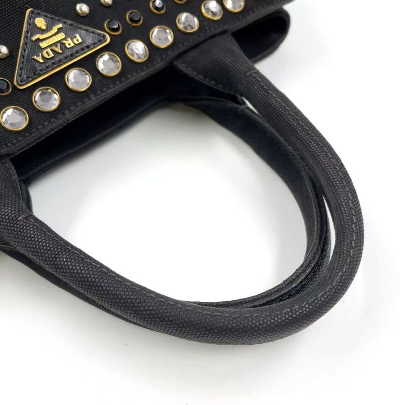 Prada Canapa Studded Triangle Plate Tote Canvas Black Handbag Gold