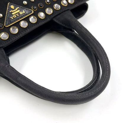 Prada Canapa Studded Triangle Plate Tote Canvas Black Handbag Gold