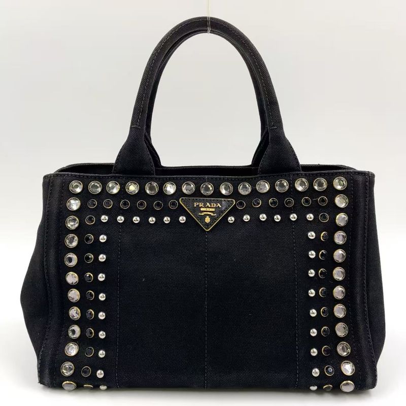 Prada Canapa Studded Triangle Plate Tote Canvas Black Handbag Gold