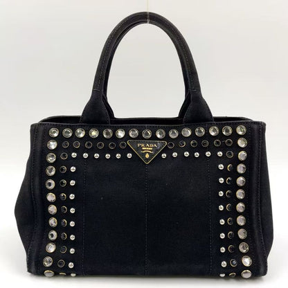 Prada Canapa Studded Triangle Plate Tote Canvas Black Handbag Gold