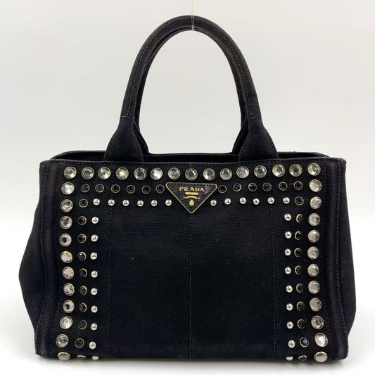 Prada Canapa Studded Triangle Plate Tote Canvas Black Handbag Gold
