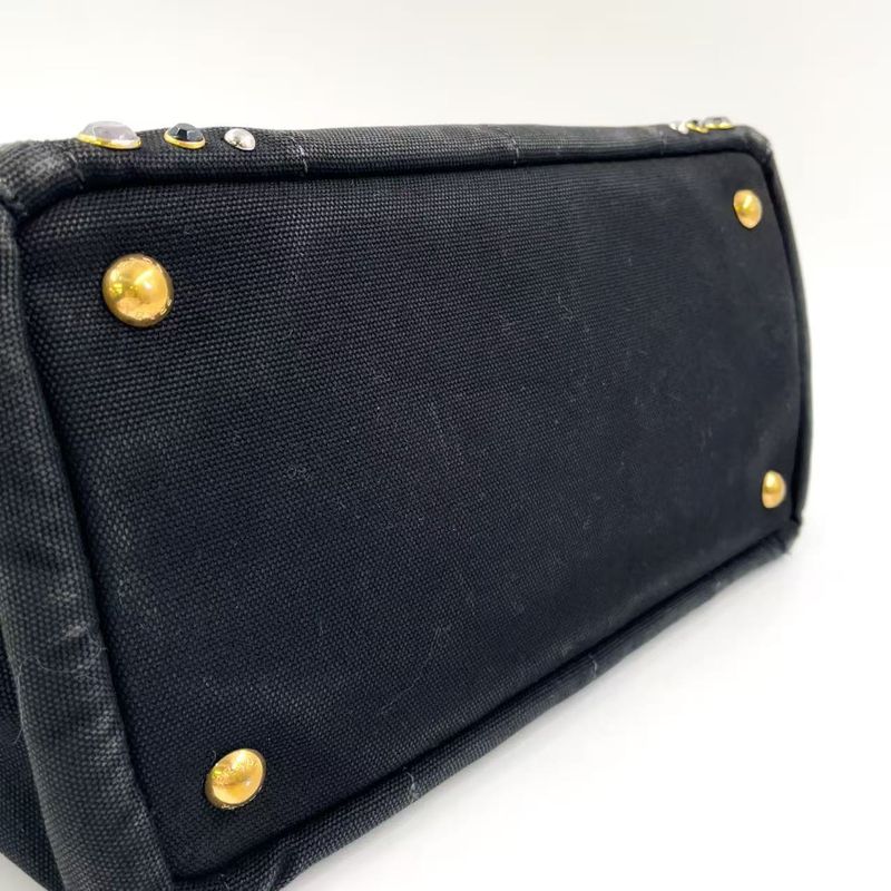 Prada Canapa Studded Triangle Plate Tote Canvas Black Handbag Gold