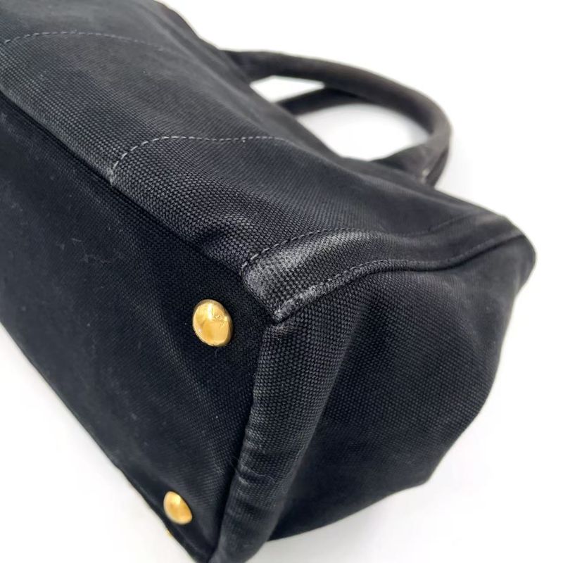 Prada Canapa Studded Triangle Plate Tote Canvas Black Handbag Gold