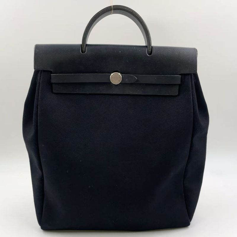 Hermes Herbag A Dos PM □G Engraved Canvas Black Backpack Silver