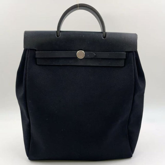 Hermes Herbag A Dos PM □G Engraved Canvas Black Backpack Silver