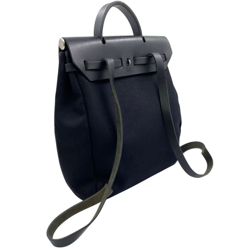 Hermes Herbag A Dos PM □G Engraved Canvas Black Backpack Silver