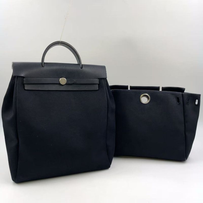Hermes Herbag A Dos PM □G Engraved Canvas Black Backpack Silver