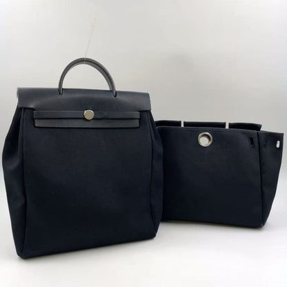 Hermes Herbag A Dos PM □G Engraved Canvas Black Backpack Silver