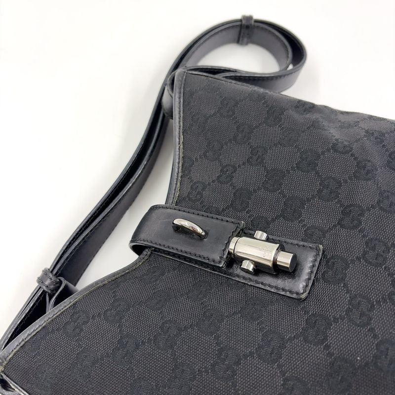 Gucci Jackie Leather X Canvas Black Shoulder Bag Silver 110291