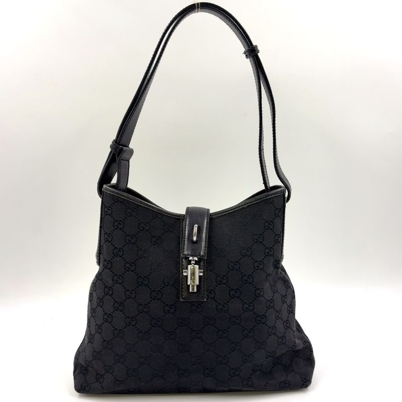 Gucci Jackie Leather X Canvas Black Shoulder Bag Silver 110291