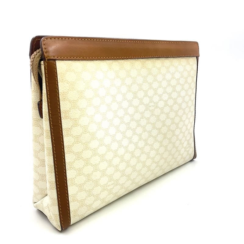 Celine Macadam Pattern Leather × PVC Off-white And Brown Clutch Bag Gold M08
