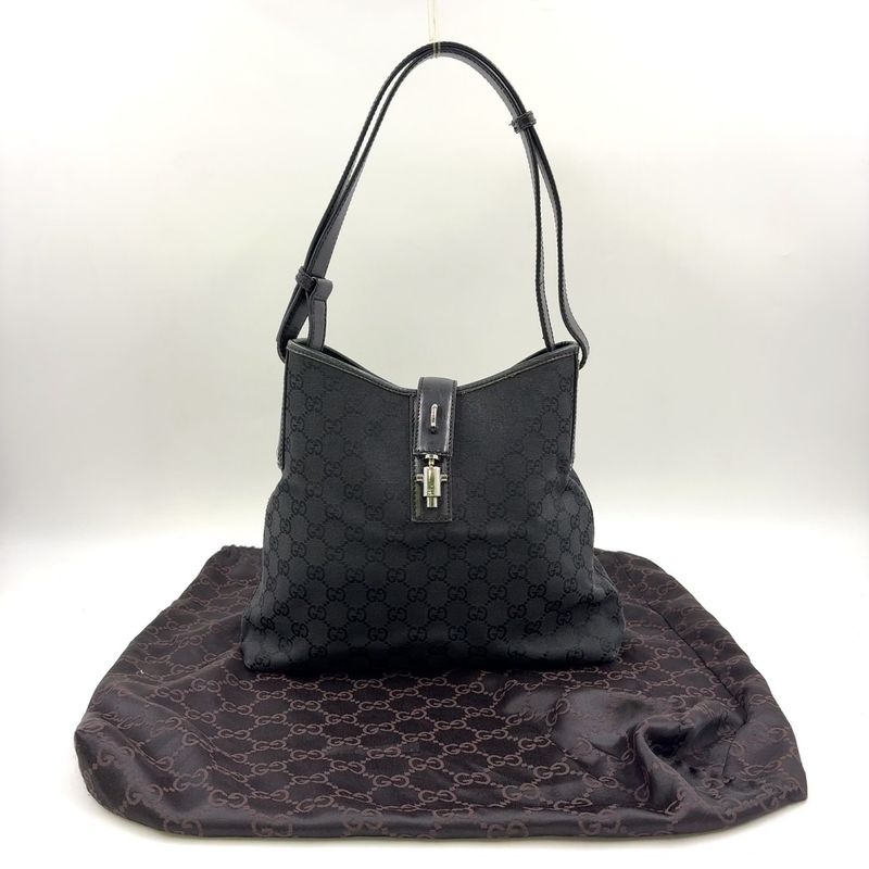 Gucci Jackie Leather X Canvas Black Shoulder Bag Silver 110291